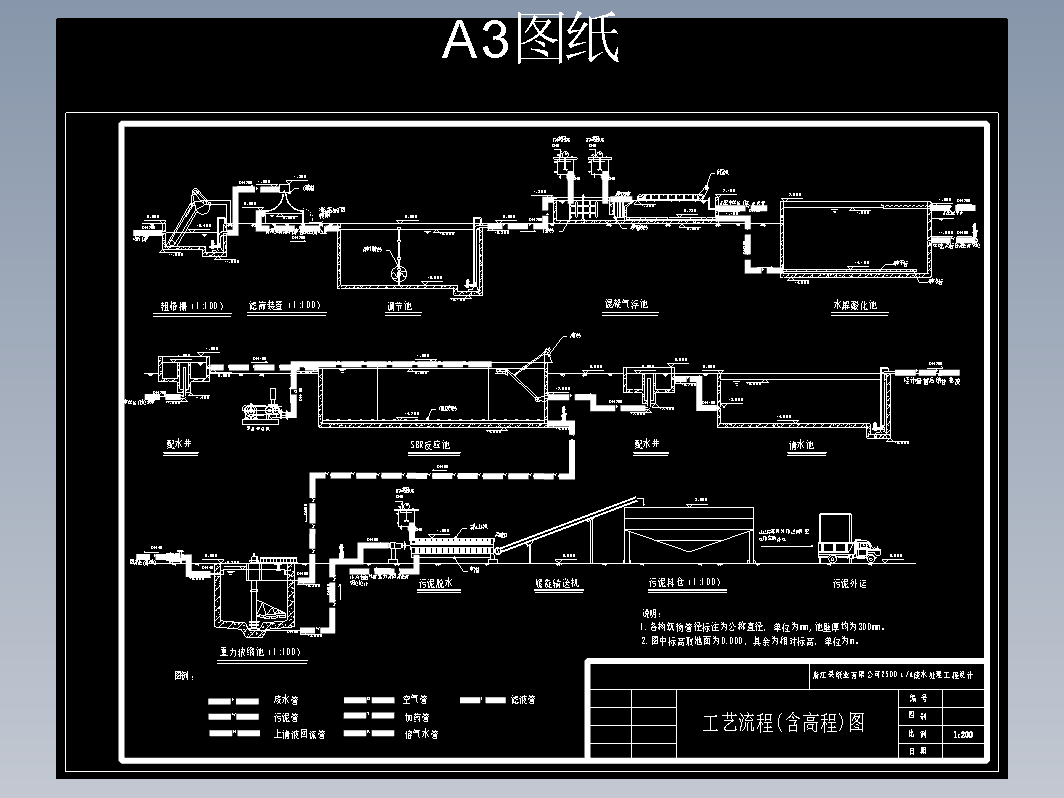 造纸废水工艺流程（含高程）图CAD图纸