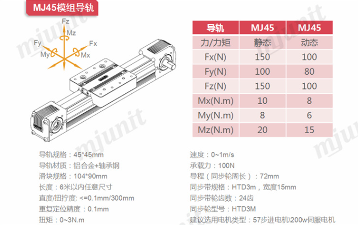 精密同步带滑台模组直线导轨MJ45步进电机同步轮传动行程XY十字平装