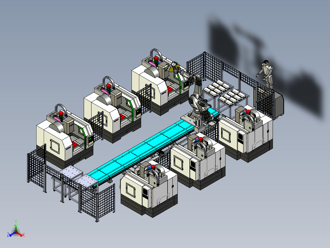 模具产品的加工，产线布局由六轴机器人通过第七轴地轨对六台加工中心上下料