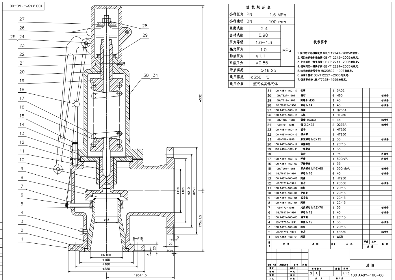 安全阀100 A48Y-16C型号CAD图纸