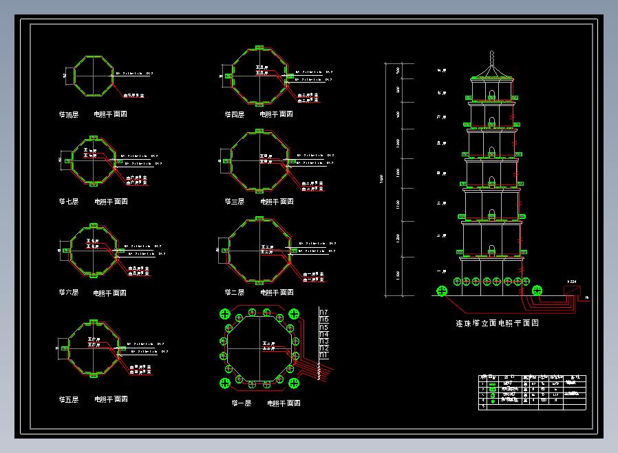 连珠塔立面电气照明平面图