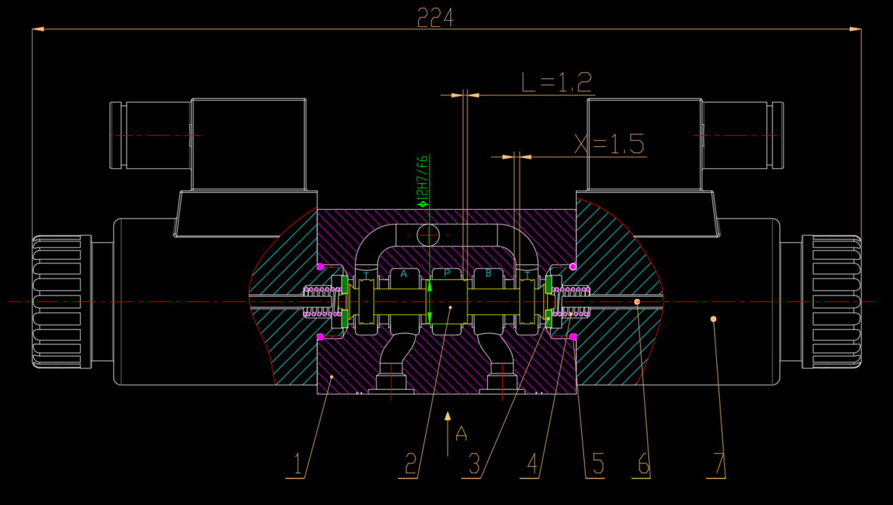 6通径三位四通电磁换向阀Y型3凸肩（CAD+说明书）
