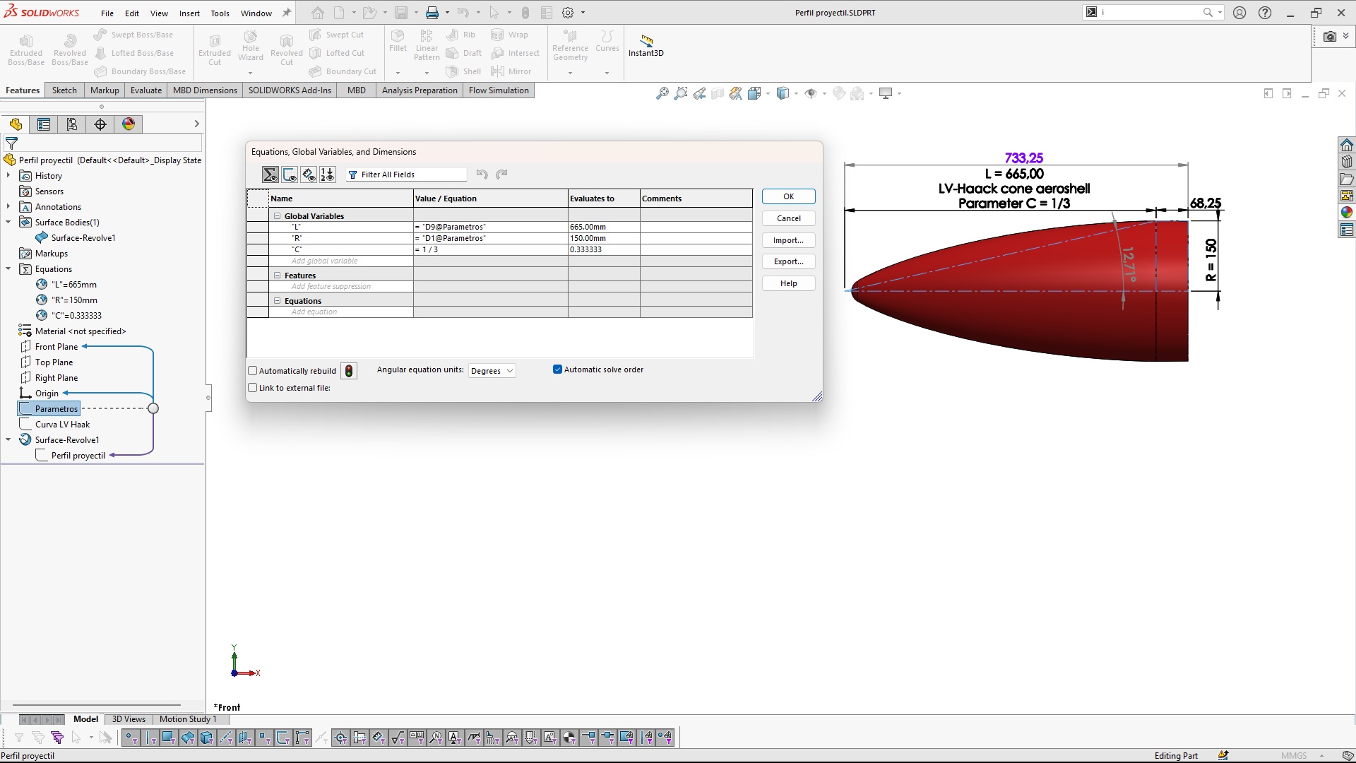 生成LV-HAACK曲线C = 1_3逐步使用SolidWorks中的方程式生成。