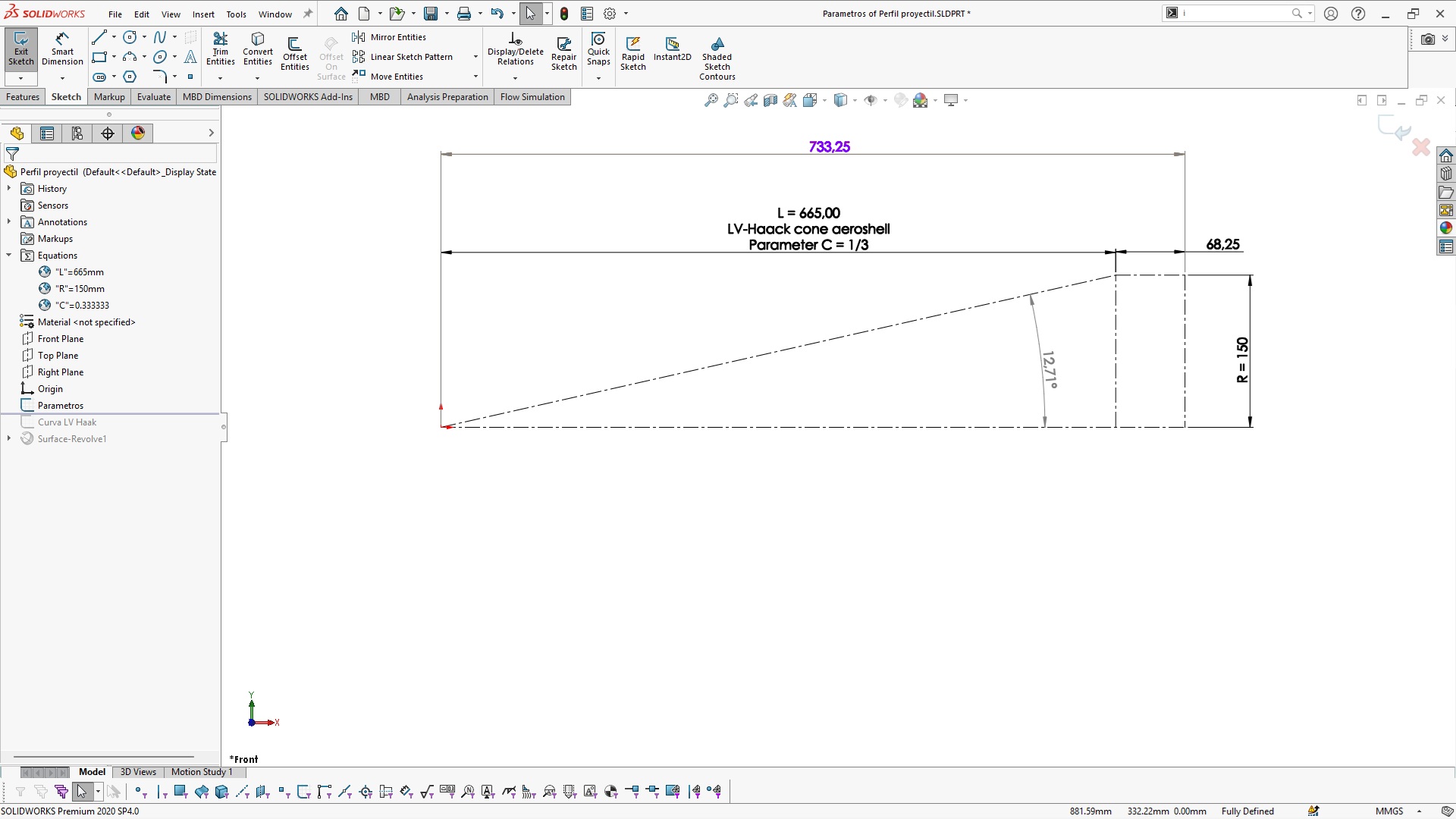 生成LV-HAACK曲线C = 1_3逐步使用SolidWorks中的方程式生成。
