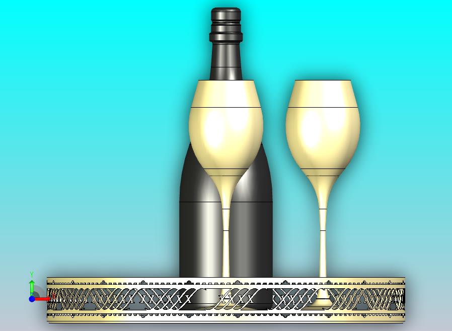 金属托盘上摆放着香槟酒瓶和酒杯