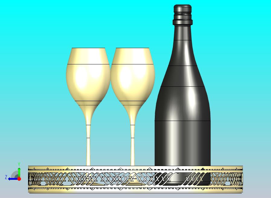 金属托盘上摆放着香槟酒瓶和酒杯