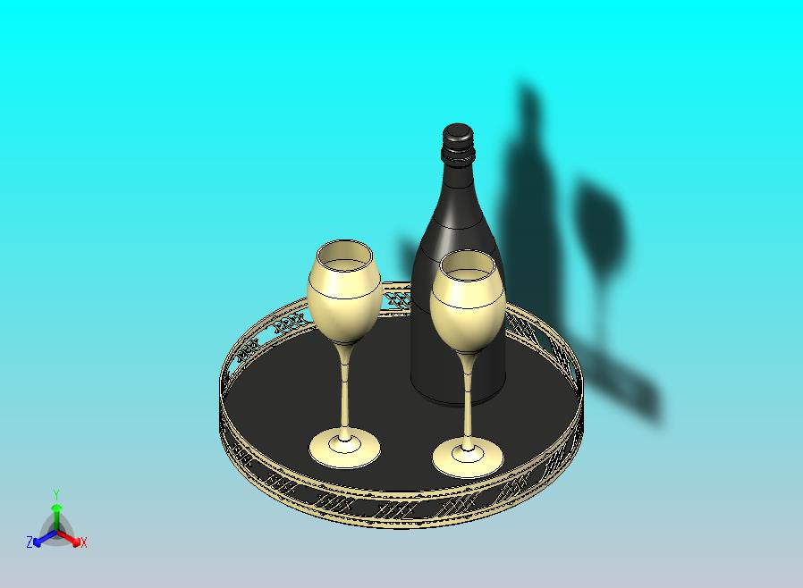 金属托盘上摆放着香槟酒瓶和酒杯