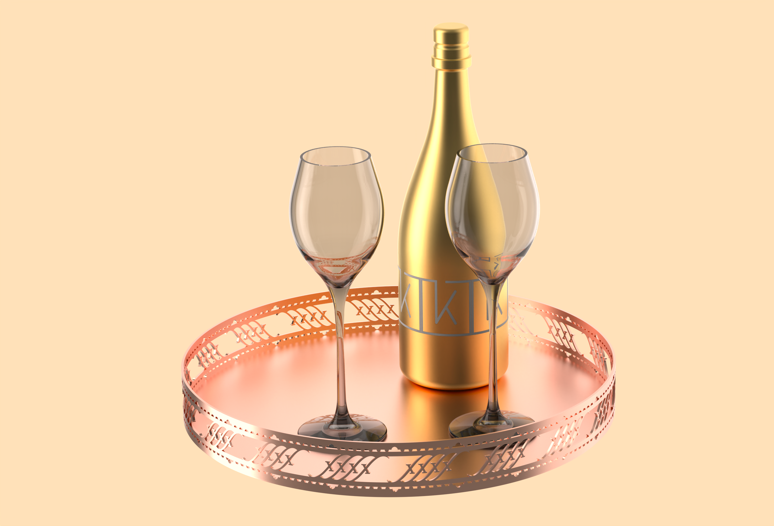 金属托盘上摆放着香槟酒瓶和酒杯
