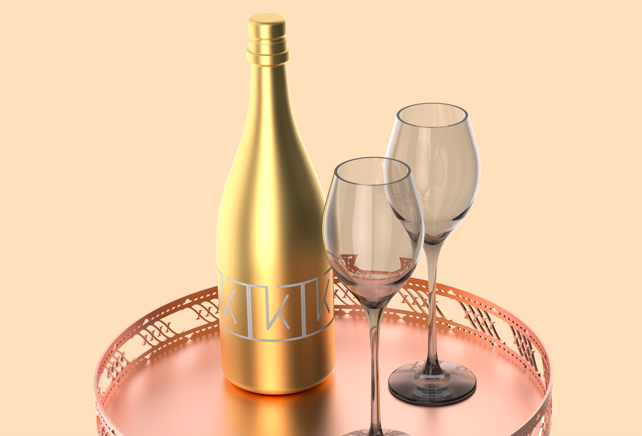金属托盘上摆放着香槟酒瓶和酒杯