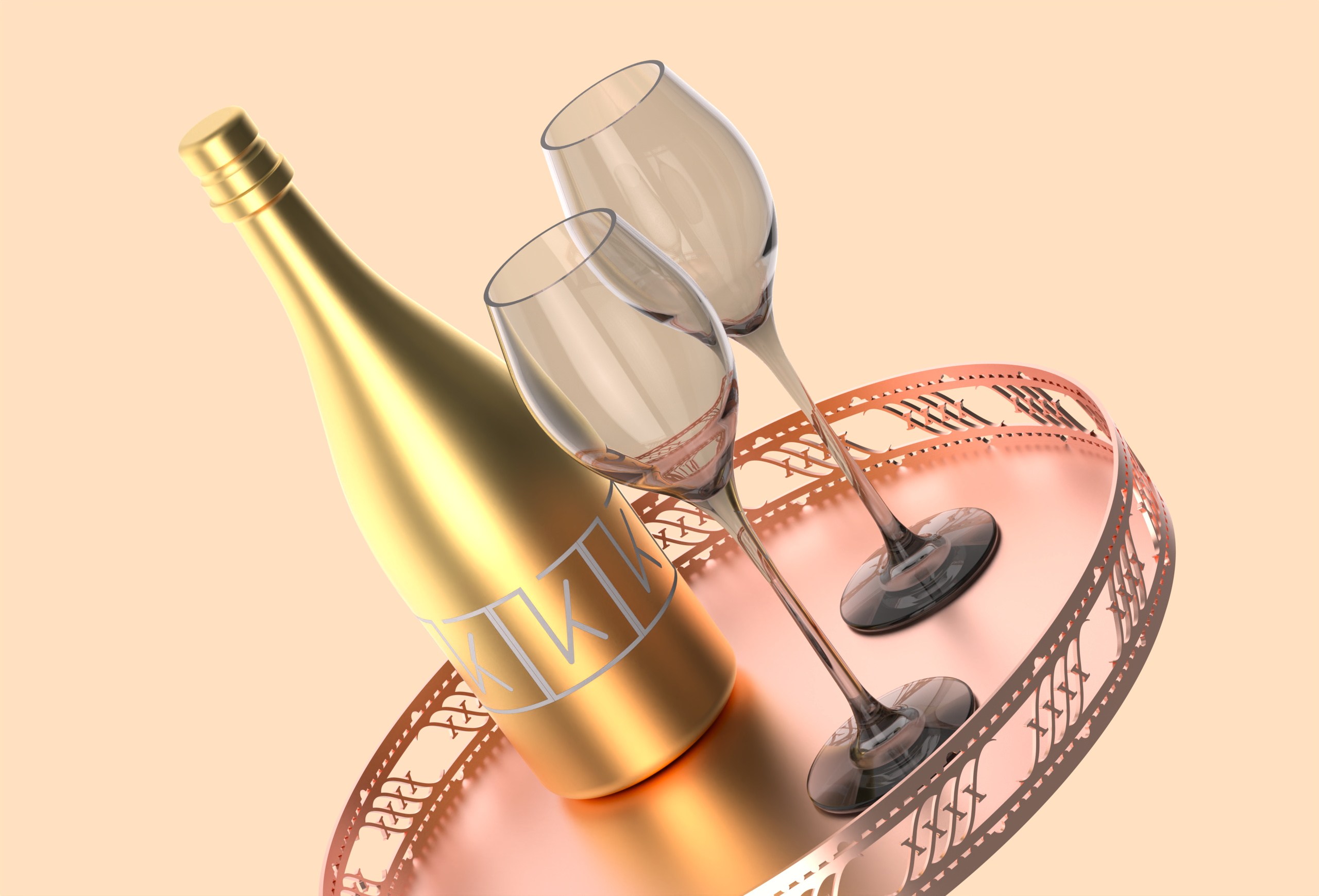 金属托盘上摆放着香槟酒瓶和酒杯