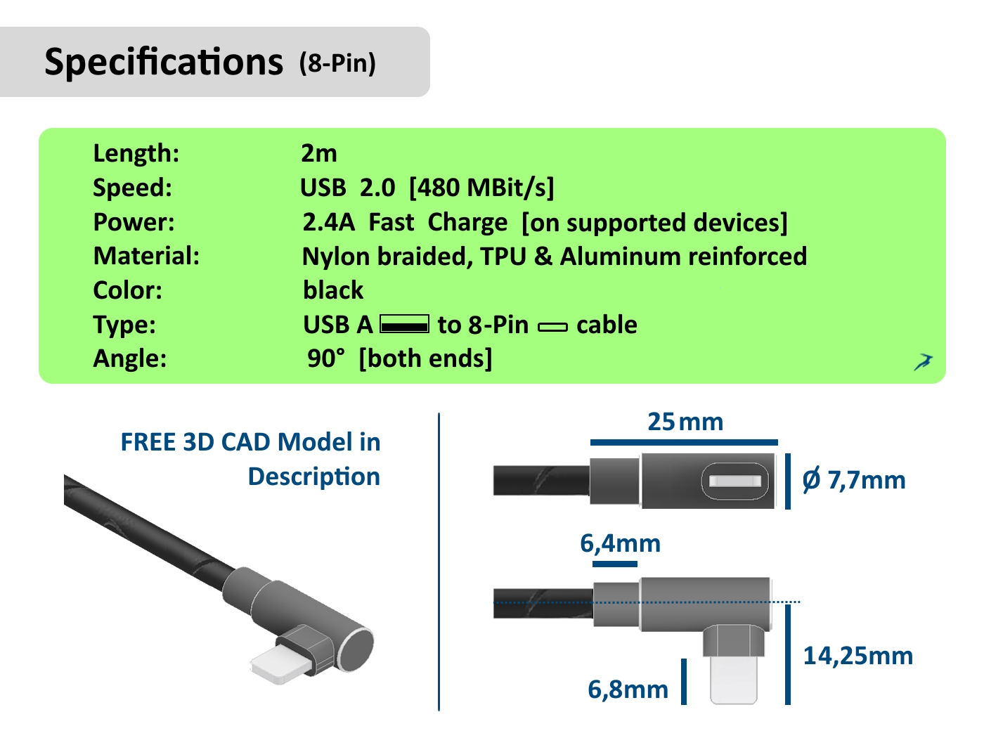REMHA 8 针 90° 直角 2m USB 数据线