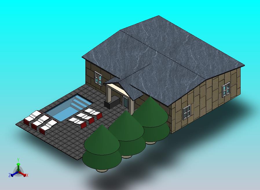 池塘景观与建筑、树木和木板