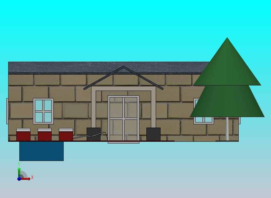 池塘景观与建筑、树木和木板