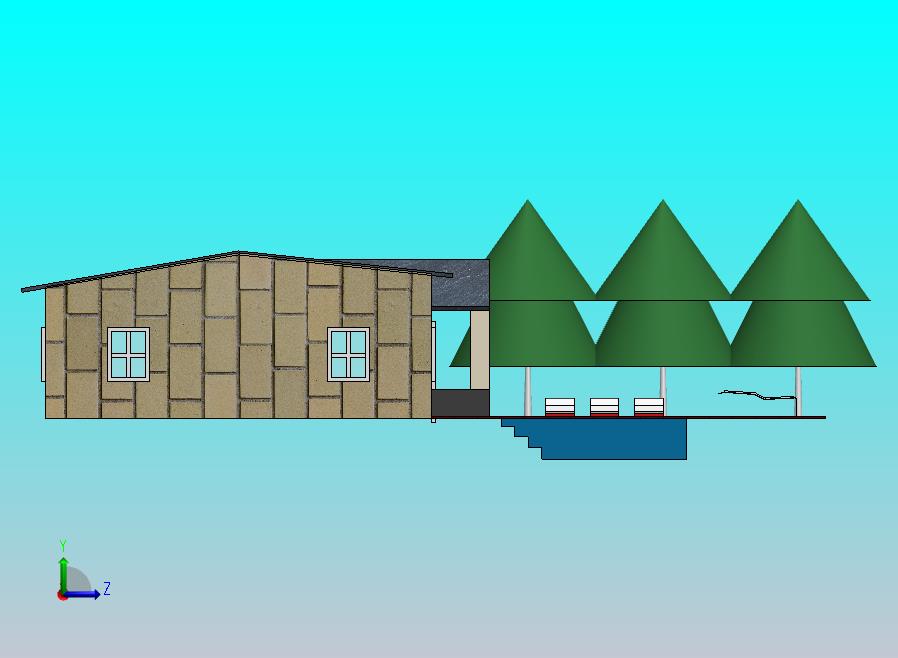 池塘景观与建筑、树木和木板