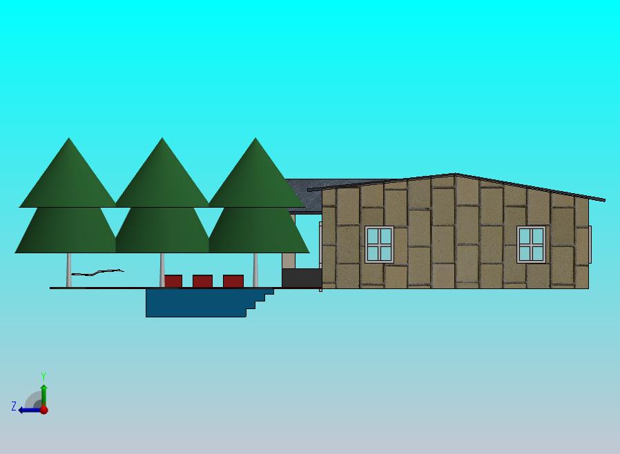 池塘景观与建筑、树木和木板