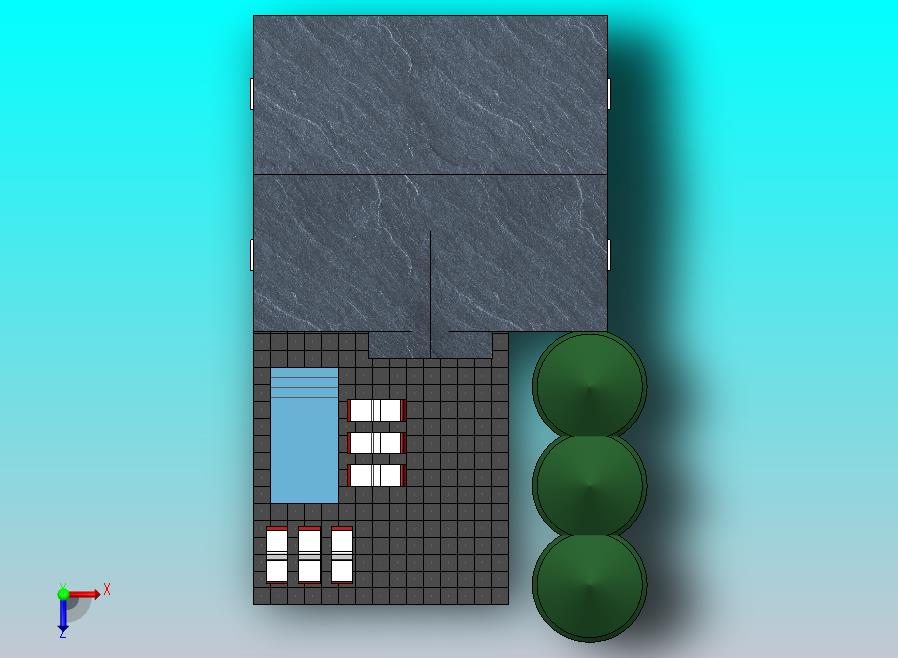 池塘景观与建筑、树木和木板