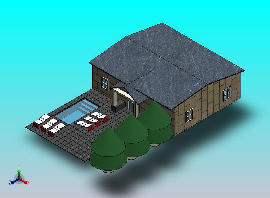 池塘景观与建筑、树木和木板