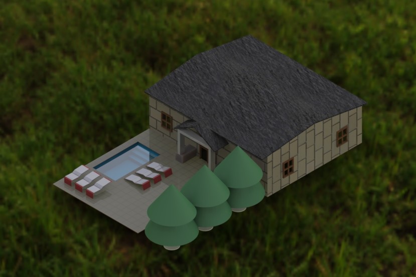 池塘景观与建筑、树木和木板