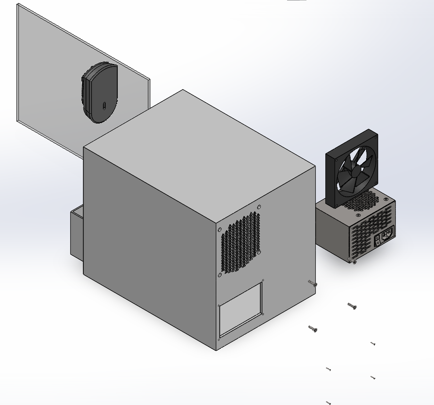 桌面机箱，透明机箱盖，大小冷却风扇，鼠标，电源机箱和螺钉