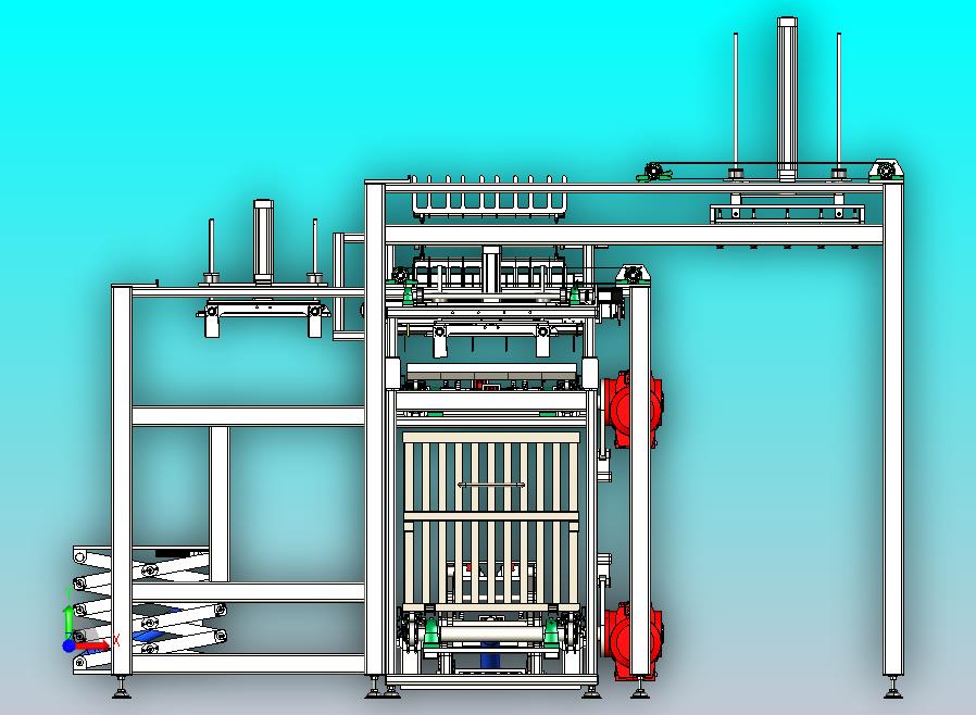 营养液生产线，灌装，灭菌，装托盘，装框。双层倍速链，龙门夹爪机构，等距排列机构，液压升降机