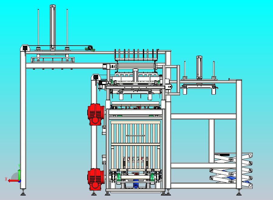 营养液生产线，灌装，灭菌，装托盘，装框。双层倍速链，龙门夹爪机构，等距排列机构，液压升降机