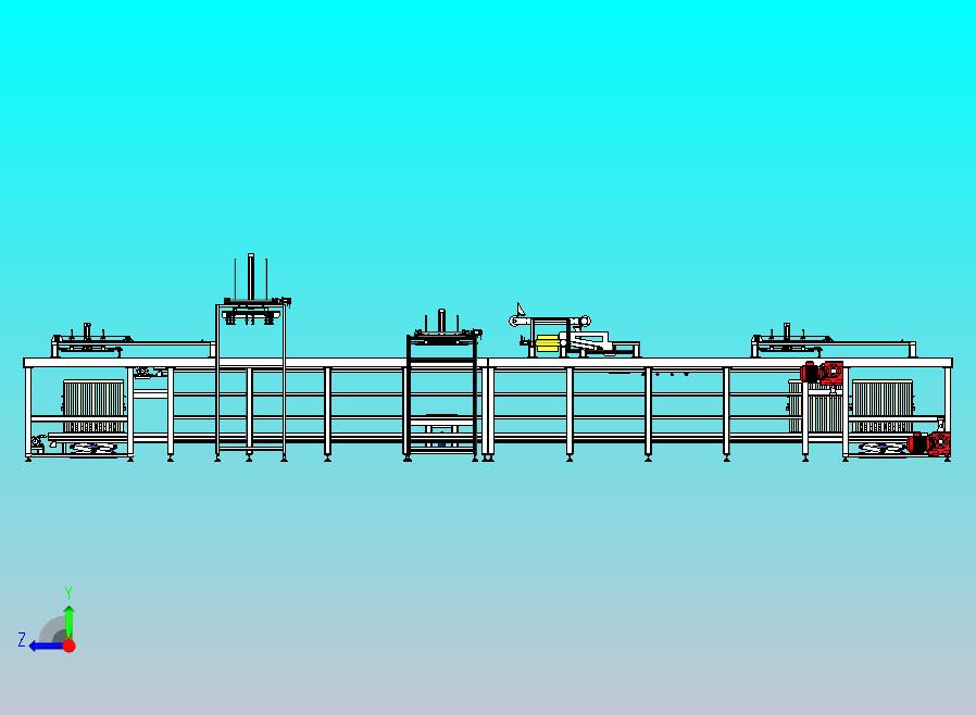 营养液生产线，灌装，灭菌，装托盘，装框。双层倍速链，龙门夹爪机构，等距排列机构，液压升降机