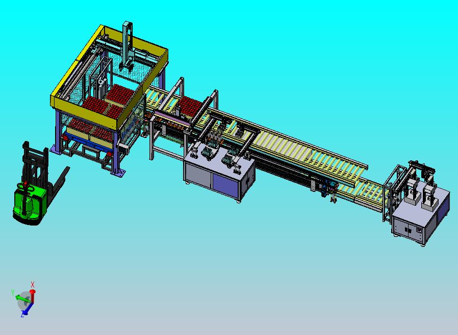 叉车上料，三级轴齿取料机械手，双层倍速链，提升机