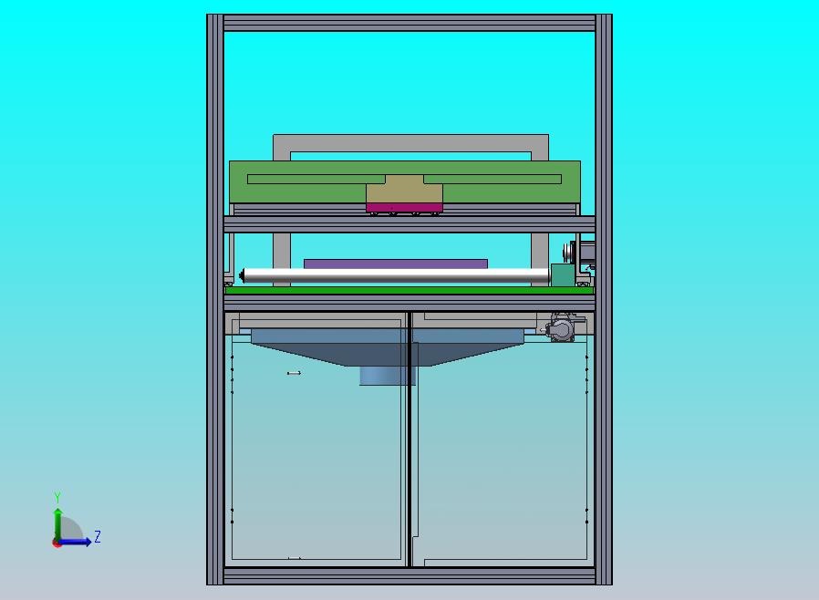 生产工位3D模型，由喷头、产品放置定位托盘，传输托盘的滚轮传送带，底部收集装置等