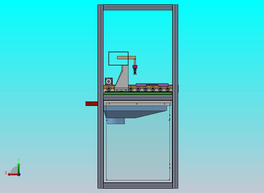 生产工位3D模型，由喷头、产品放置定位托盘，传输托盘的滚轮传送带，底部收集装置等