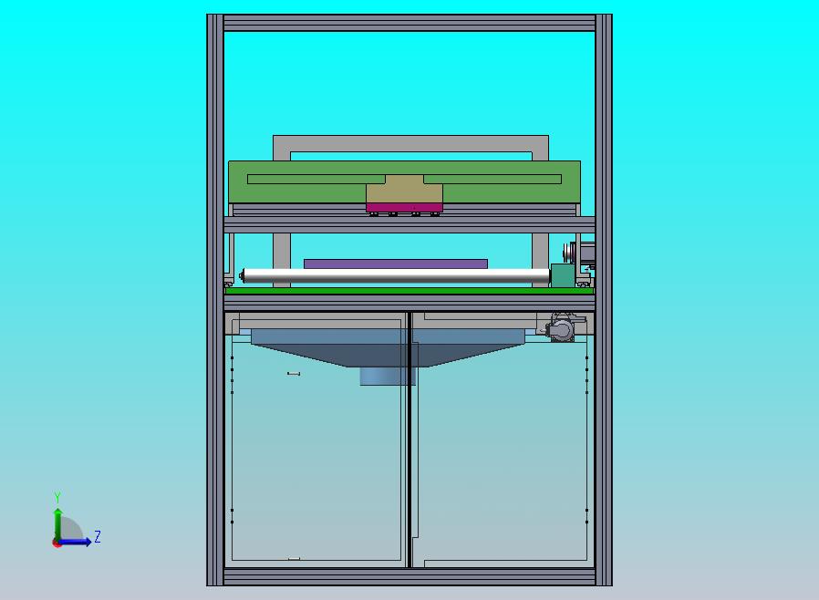 生产工位3D模型，由喷头、产品放置定位托盘，传输托盘的滚轮传送带，底部收集装置等