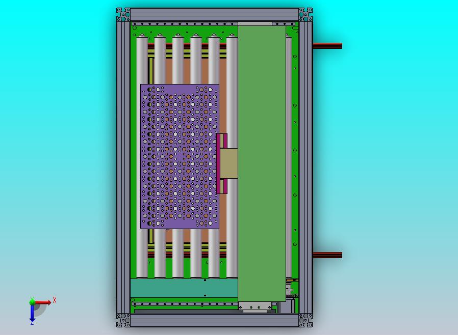 生产工位3D模型，由喷头、产品放置定位托盘，传输托盘的滚轮传送带，底部收集装置等
