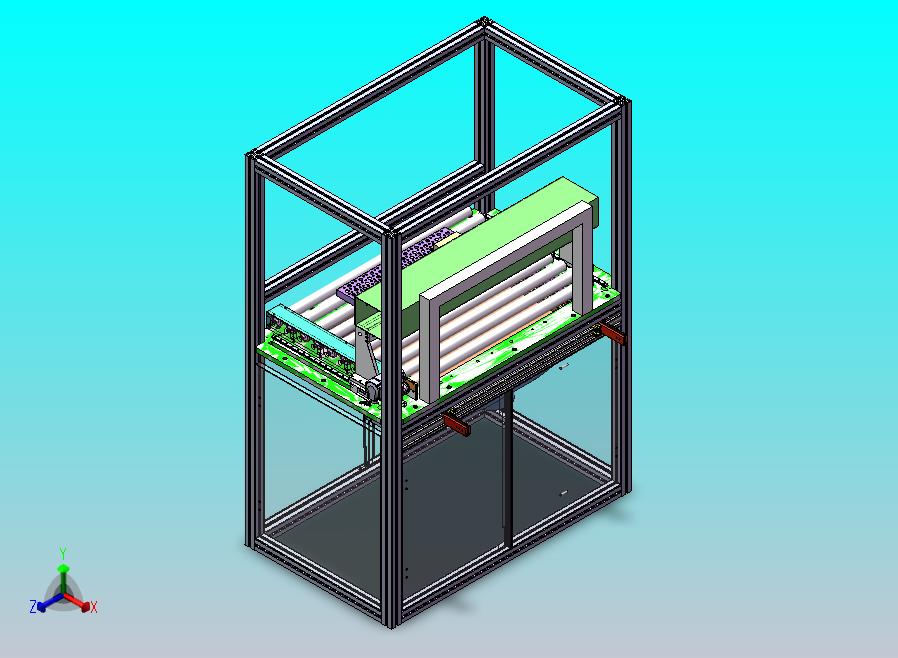生产工位3D模型，由喷头、产品放置定位托盘，传输托盘的滚轮传送带，底部收集装置等