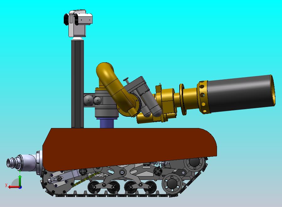 防爆消防灭火侦察机器人，用耐高温履带避震式底盘设计，履带底盘+消防水炮+管道