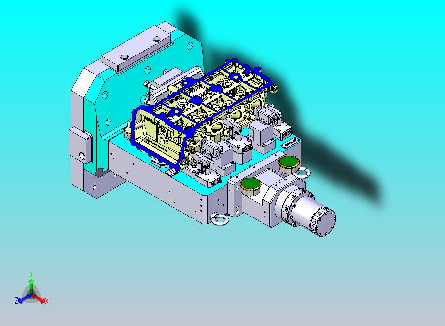 混动缸盖粗加工夹具，加工燃烧室面、罩盖面、斜进气面，采用多种液压元器件