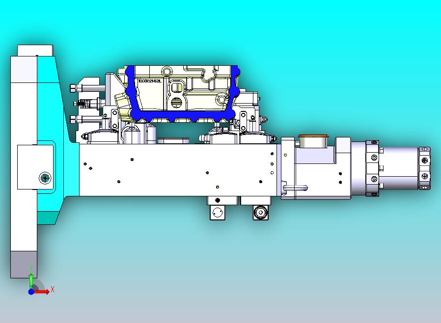 混动缸盖粗加工夹具，加工燃烧室面、罩盖面、斜进气面，采用多种液压元器件