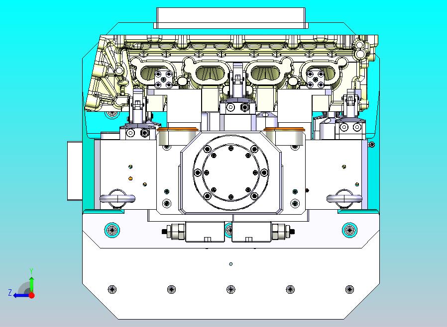 混动缸盖粗加工夹具，加工燃烧室面、罩盖面、斜进气面，采用多种液压元器件
