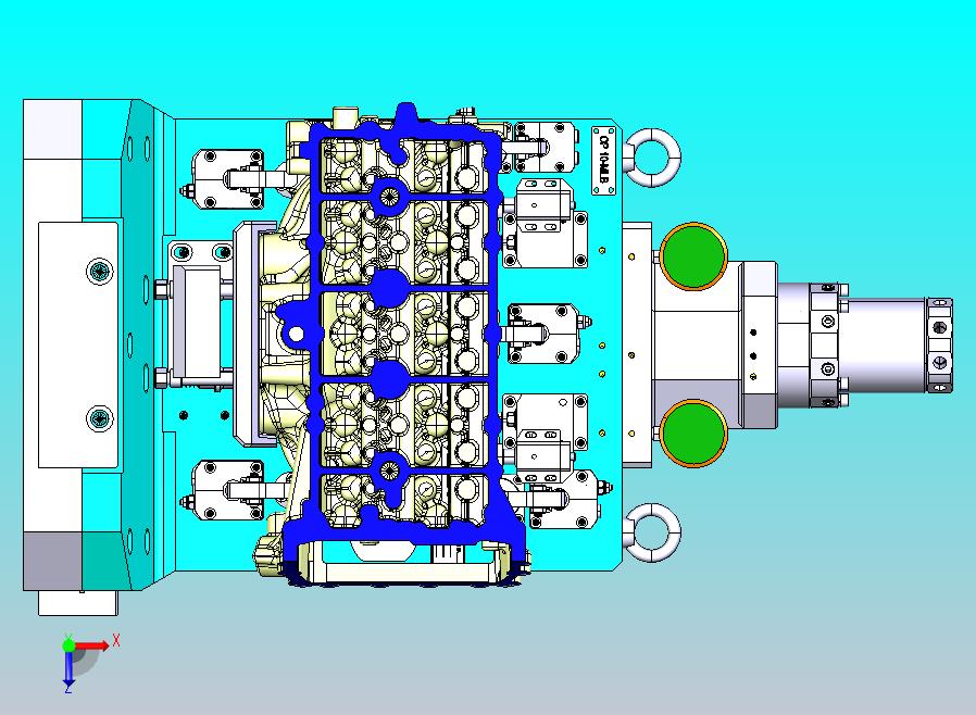 混动缸盖粗加工夹具，加工燃烧室面、罩盖面、斜进气面，采用多种液压元器件