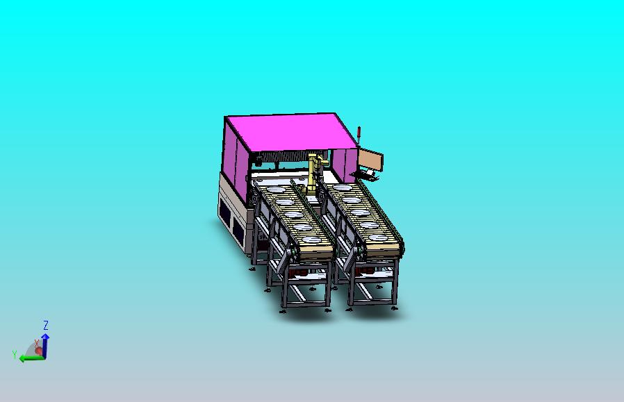 自动上下料搬运龙门缺陷检测，通过板链链条输送机输送物料到机械手搬运