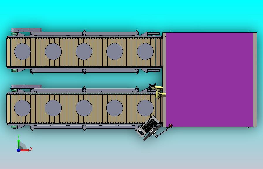 自动上下料搬运龙门缺陷检测，通过板链链条输送机输送物料到机械手搬运