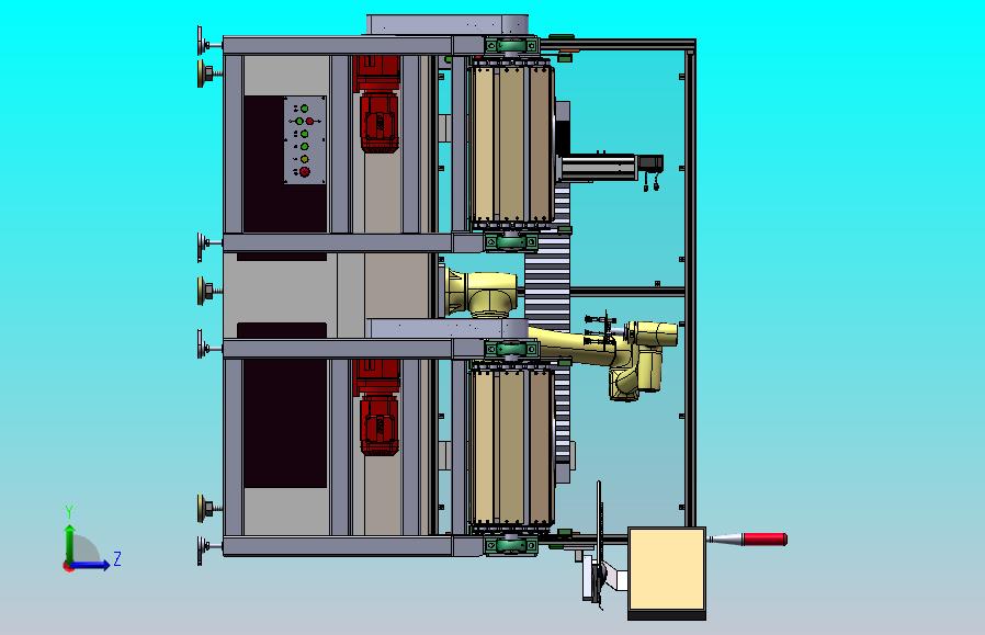 自动上下料搬运龙门缺陷检测，通过板链链条输送机输送物料到机械手搬运