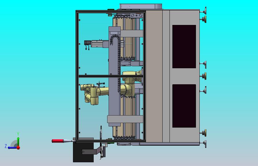 自动上下料搬运龙门缺陷检测，通过板链链条输送机输送物料到机械手搬运