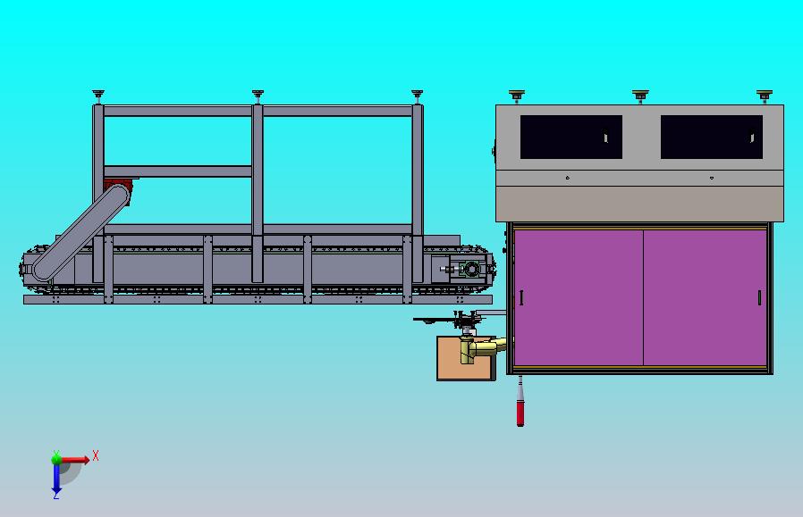 自动上下料搬运龙门缺陷检测，通过板链链条输送机输送物料到机械手搬运