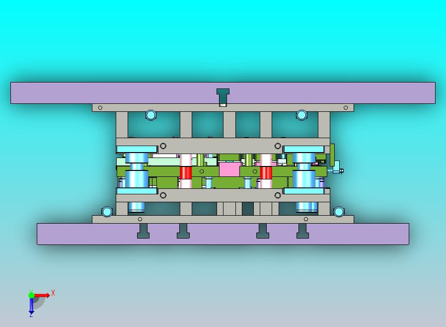 空调固定件冲压模具采用级进复合结构，集冲孔、切边、折弯、成型于一体