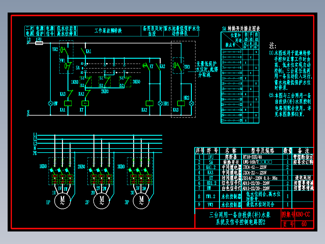 KB0-CC-60三台两用一备自投供(补)水泵系统及信号控制电路图2