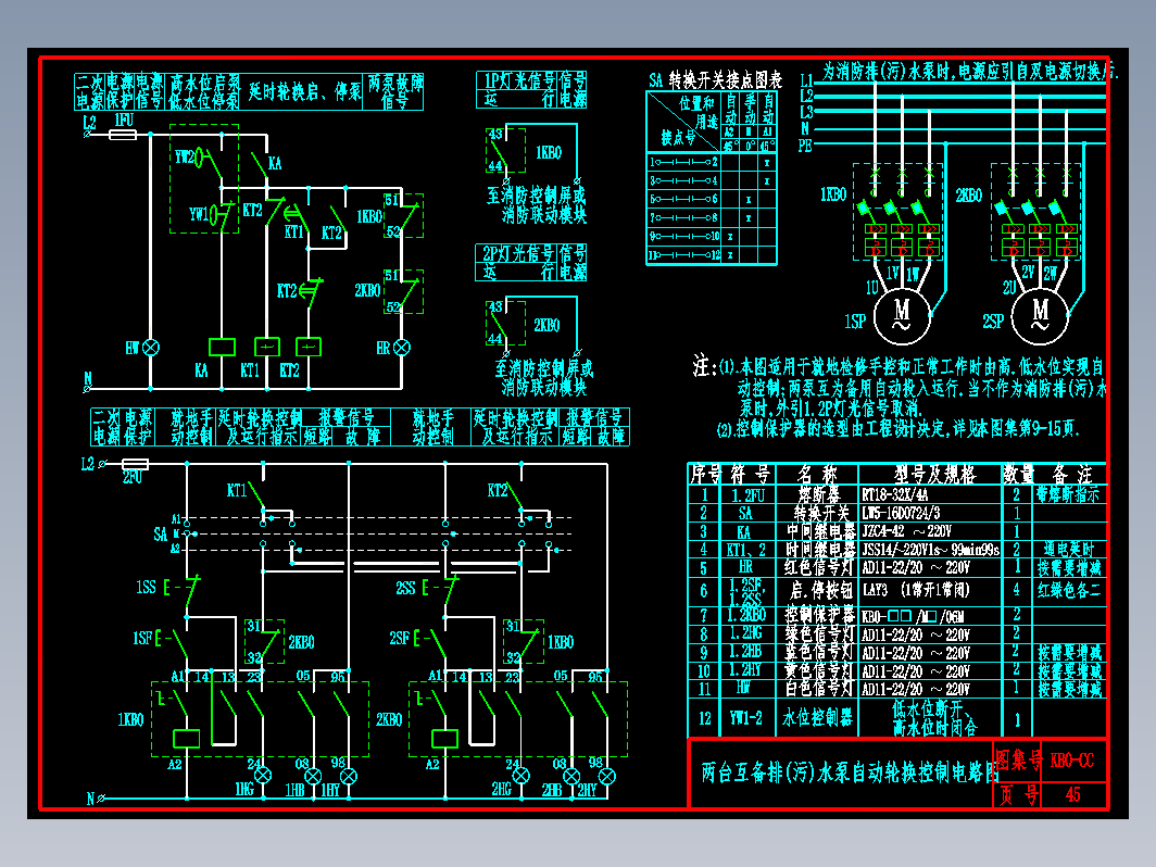 KB0-CC-45两台互备排(污)水泵自动轮换控制电路图