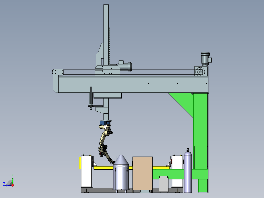 悬臂式焊接机械手作业岗位，包括焊接辅助设备，焊接机械手，变位机，悬臂式结构等