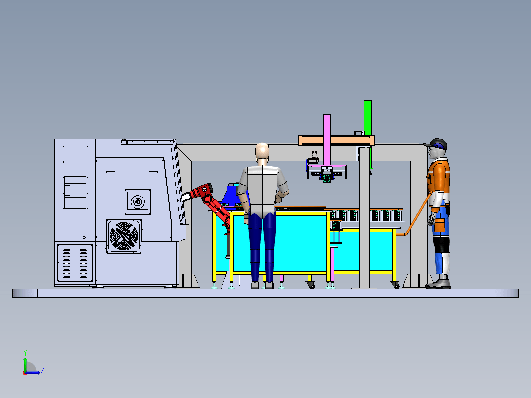 数控车上下料机械手总体布局，五轴机器人，桁架机械手