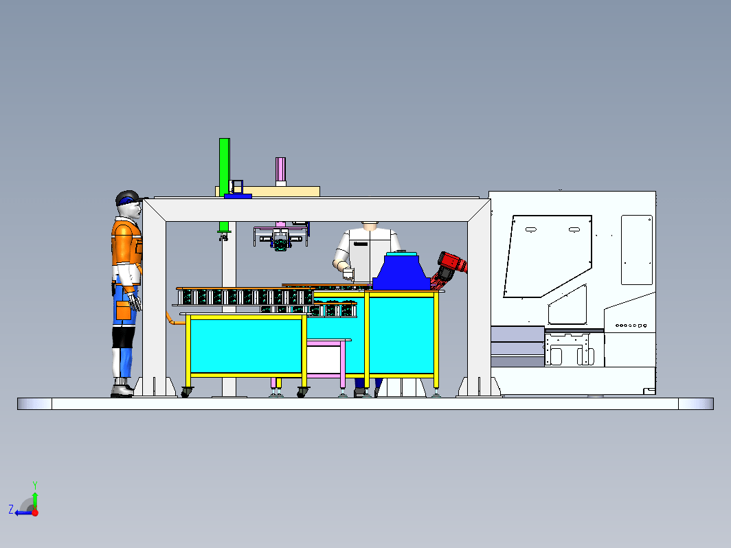 数控车上下料机械手总体布局，五轴机器人，桁架机械手