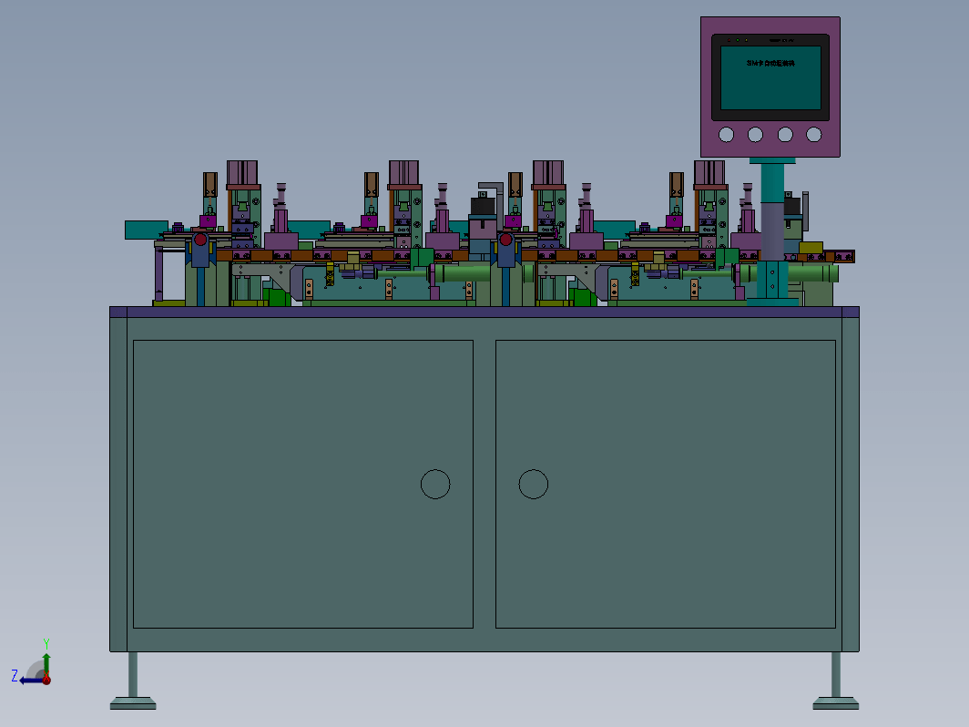 SIM卡组装自动机包括端子上料，胶芯上料，端子裁切预压组装，铆压到位，折料带，出料