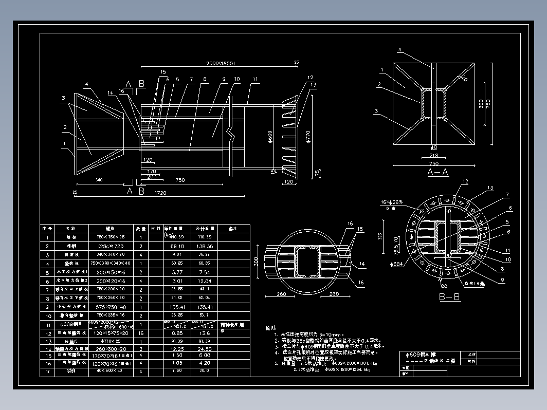 609钢支撑详图包括活络头、固定端、中间段